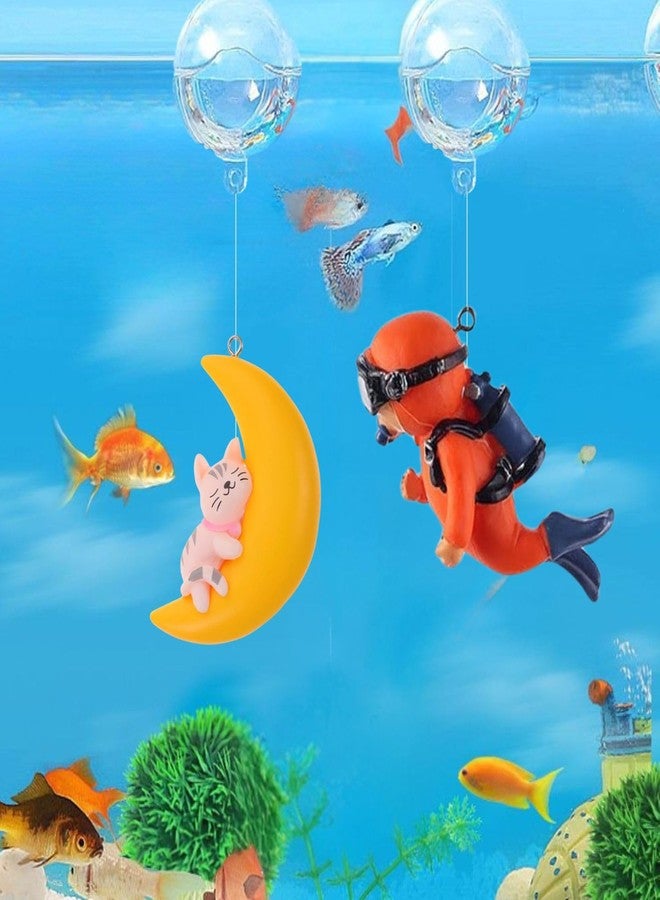 مجموعة VAYINATO® المكونة من قطعتين - هلال وغواص (لون عشوائي) - زينة لحوض السمك - لعبة لتزيين حوض السمك - زينة لطيفة وواقعية لعالم ساحر تحت الماء من Petzlifeworld - Image 1